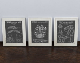 SW Patent Art, Spaceship Wall Decor, Blueprint Sci Fi Poster, Set of 3 Prints