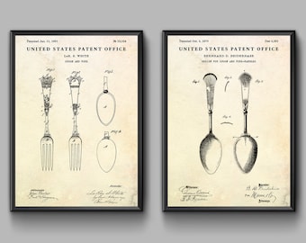 May include: Two black and white patent drawings for a spoon and fork design. The first drawing shows a spoon and fork with ornate handles. The second drawing shows a spoon with a decorative handle. The text on the drawings reads "United States Patent Office" and includes the patent numbers and dates.