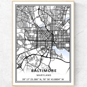 Impression de carte Baltimore MD, art mural carte minimaliste moderne, cadeau de voyage dans le Maryland poster