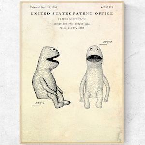 Frog Puppet Doll 1959 Patent Print. Blueprint Poster. Kids Room Vintage Wall Art, Nursery Decor, Retro Toys Nostalgia Gifts
