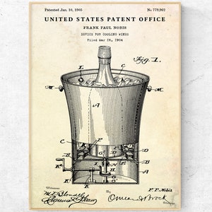 May include: A black and white illustration of a patent for a device for cooling wines. The patent is titled "Device for Cooling Wines" and was filed on March 16, 1904. The patent shows a diagram of the device, which includes a bucket, a bottle, and a mechanism for circulating cold water around the bottle.