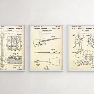 Fender Electric Guitar Patent Wall Art, Stringed Musical Instruments Blueprint Poster, Guitarist Gift, Guitar Vintage Decor, Set Of 3 Prints