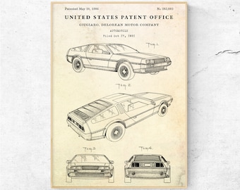 Stampa di brevetto Delorean. Manifesto di progetto di auto concept. Decorazione vintage per garage automobilistici. Arte murale per auto d&#39;epoca