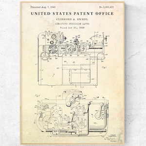 Metal Lathe 1945 Patent Print. Machinist, Engineer Gift, Blueprint Poster. Vintage Machine Tools Wall Art. Workshop, Man Cave Decor