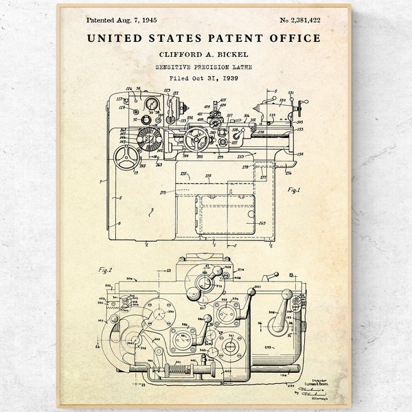 Metal Lathe 1945 Patent Print. Inventions Blueprint Poster. Vintage Machine Tools Wall Art. Workshop Decor