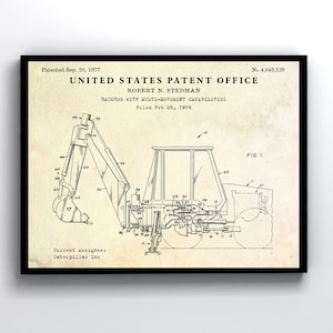 Backhoe 1977 Patent Print. Earthmoving Invention Heavy Equipment Blueprint Poster. Construction Gift, Mining, Heavy Machinery Retro Wall Art