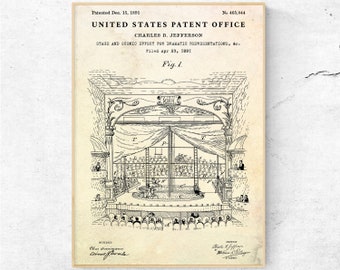 1891 Theater Stage Patent Print, Theatrical Blueprint Art, Antique Decor
