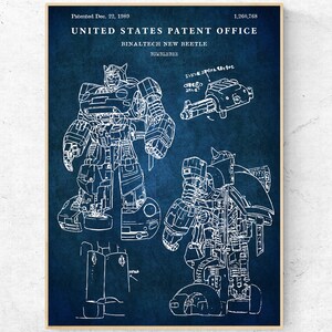 May include: A blueprint style illustration of a robot transforming into a car. The robot is in a standing position with its arms outstretched. The car is in a side view with the doors open. The image is on a blue background with the text "UNITED STATES PATENT OFFICE" and "Binaltech New Beetle" at the top. The patent number "1,260,768" is in the top right corner. The patent date "Patented Dec. 22, 1980" is in the top left corner.