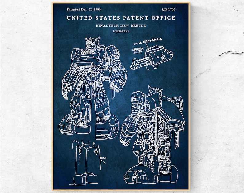 May include: A blueprint style illustration of a robot transforming into a car. The robot is in a standing position with its arms outstretched. The car is in a side view with the doors open. The image is on a blue background with the text "UNITED STATES PATENT OFFICE" and "Binaltech New Beetle" at the top. The patent number "1,260,768" is in the top right corner. The patent date "Patented Dec. 22, 1980" is in the top left corner.