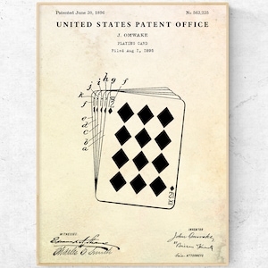 Carta de baralho 1896 Patente impressa, presente de jogo de pôquer e blackjack de cassino, pôster de planta baixa, arte de parede vintage para sala de jogos de tabuleiro, decoração de caverna de homem