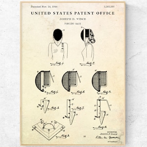 Fencing Mask 1944 Patent Print. Sports Inventions Blueprint Poster. Fencer Gift. Ready to Hang Canvas
