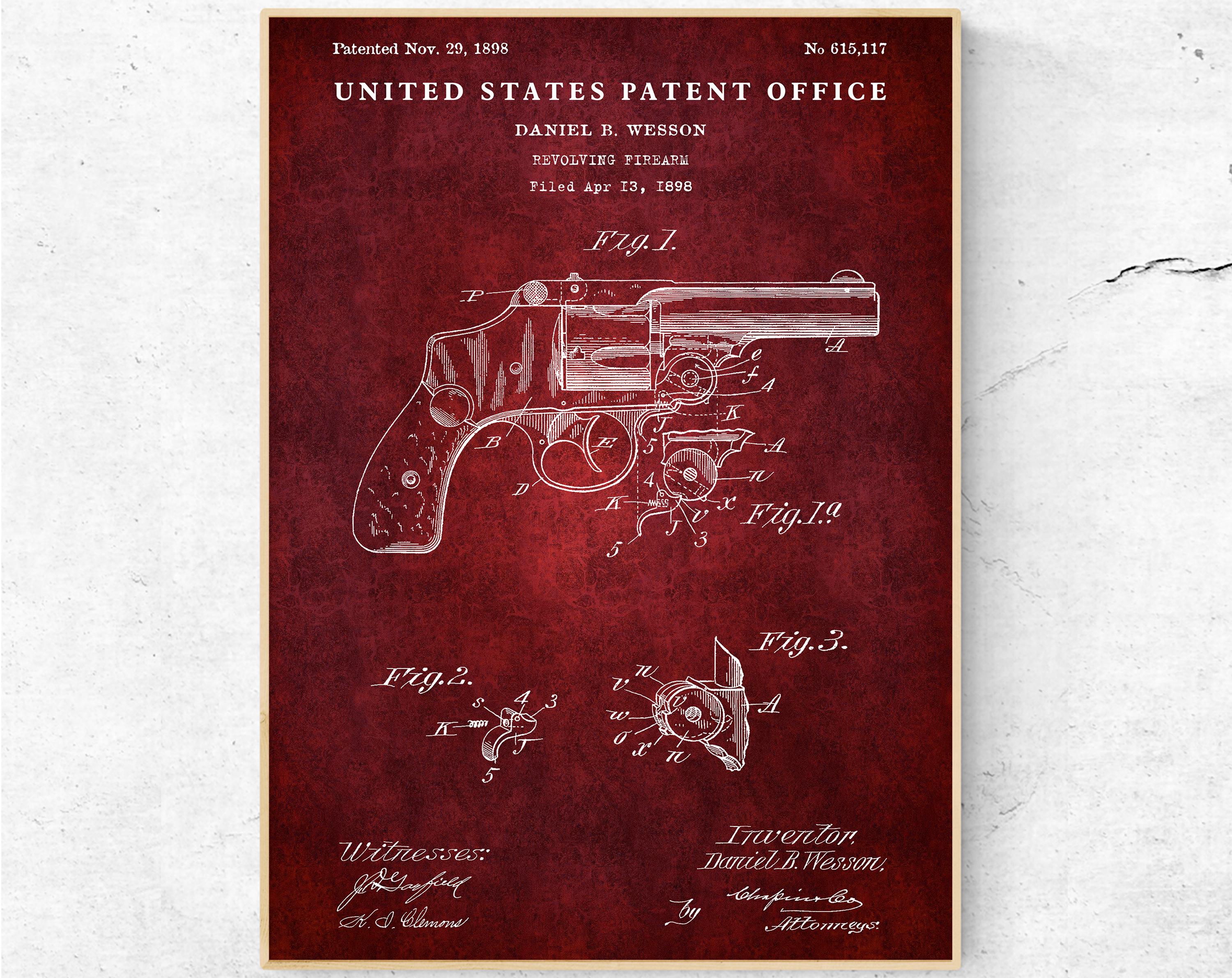 リボルバーの特許図面、1898年のアンティーク銃器設計図、男の隠れ家の