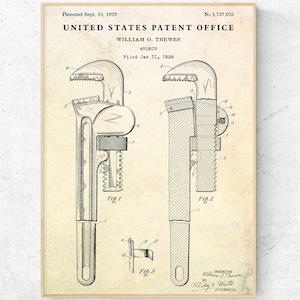 Pipe Wrench 1929 Patent Print. Tools Inventions Blueprint Poster. Garage, Workroom Vintage Wall Art, Plumber Gift, Workshop Decor