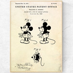 Stampa artistica da parete brevettata di Topolino 1930. Poster di personaggi leggendari dei cartoni animati, animazione disegnata a mano, tela pronta per essere appesa