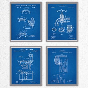 Bathroom Decor Prints, Set of 4 Patent Posters. Toilet Blueprint Wall ...