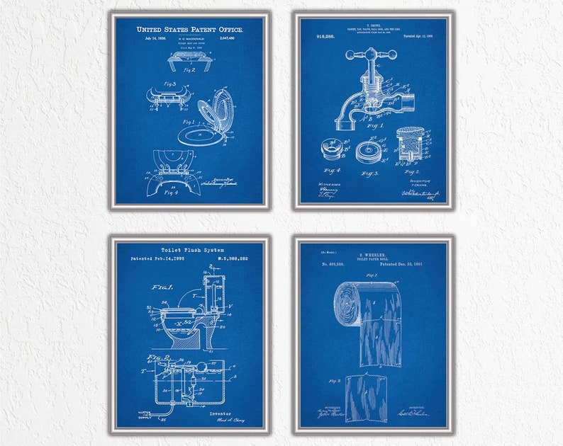 Bathroom Decor Prints, Set of 4 Patent Posters. Toilet Blueprint Wall ...
