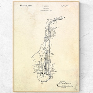 Saxophone 1936 Patentdruck. Blaudruck Poster. Saxophonist Geschenkidee. Musikzimmer Jazz Dekor. Sax Wandkunst