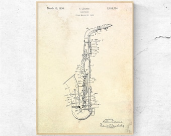 Saxophone 1936 Patent Print. Blueprint Poster. Saxophonist Gift. Music Room Jazz Decor. Sax Wall Art