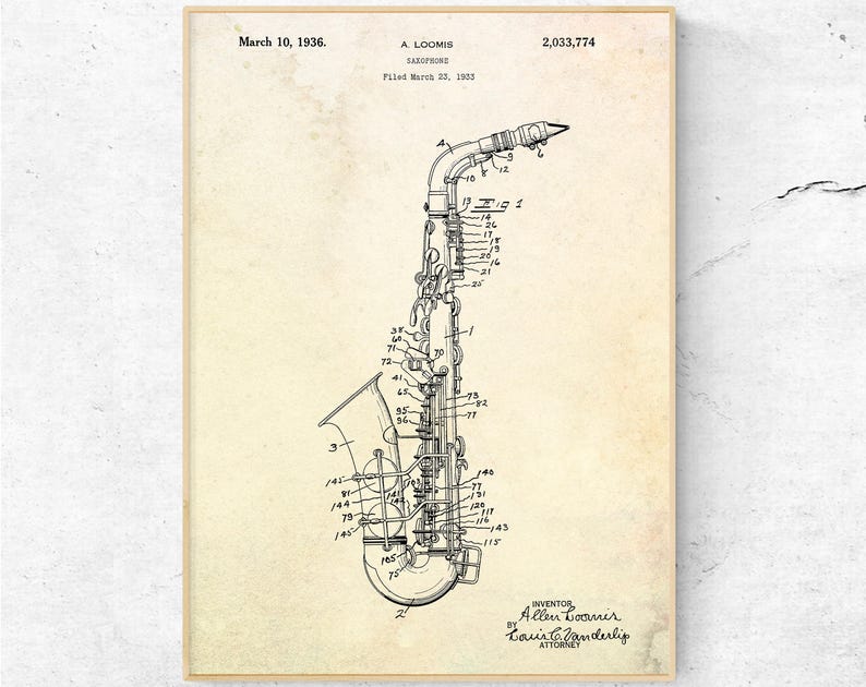 Saxophone Patent Poster Print Wall Art Blueprint Ian Gift Idea Room Decor Sax Jazz