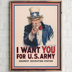 I Want You For US Army Poster, World War 1, Uncle Sam Vintage Wall Art, Military Print, History Buff Gift, Ready to Hang Canvas Paper print