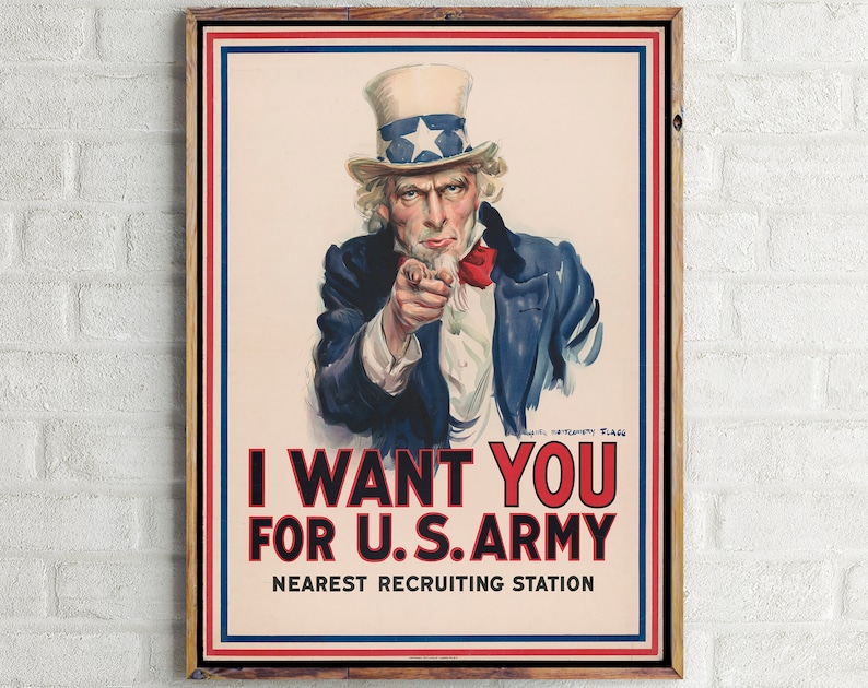 I Want You For US Army Poster, World War 1, Uncle Sam Vintage Wall Art, Military Print, History Buff Gift, Ready to Hang Canvas Paper print