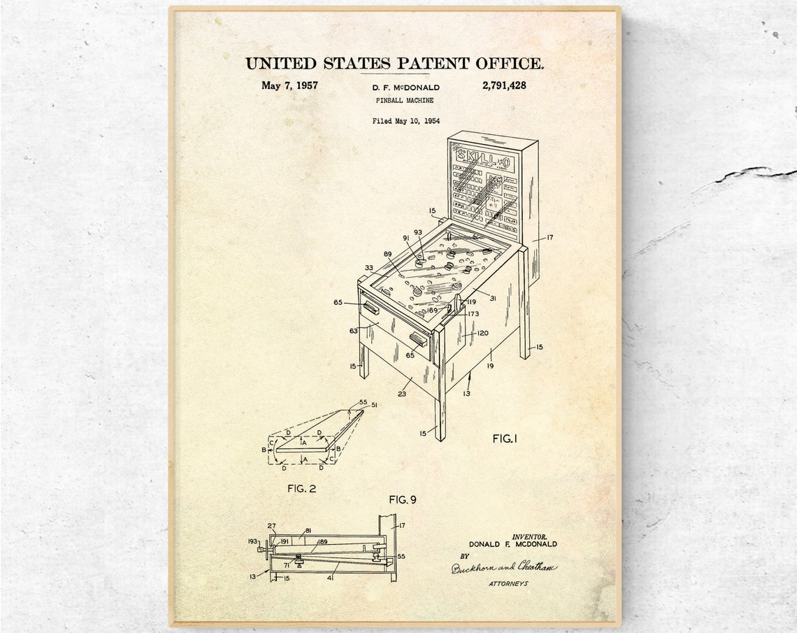 Vintage Pinball Machine Patent Print. Blueprint Pinball Etsy