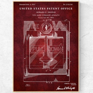 May include: A vintage patent drawing of a fire alarm system. The drawing is in white on a red background. The drawing shows a fire alarm box with the words "FIRE ALARM" and "PULL DOWN" on it. The patent number is 3,715,743 and the patent date is February 6, 1973.