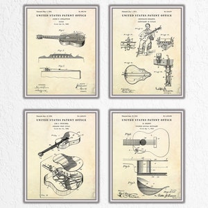 Acoustic Guitar Patent Wall Art, Stringed Musical Instruments Blueprint Poster, Guitarist Gift, Music Room Vintage Decor, Set of 4 Prints