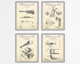Acoustic Guitar Patent Wall Art, Stringed Musical Instruments Blueprint Poster, Guitarist Gift, Music Room Vintage Decor, Set of 4 Prints
