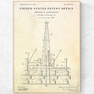 Offshore Drilling Rig 1941 Patent Print, Oil Well Inventions Blueprint Poster, Roughneck Petroleum Gift, Petroliana Wall Art, Man Cave Decor