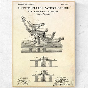 Dentist Chair Patent Drawing Print. Dental Blueprint Poster. Medical Wall Art