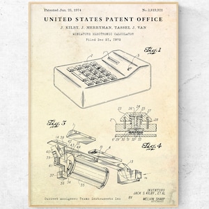 Calculator 1974 Patent Print. Accountanting Inventions Blueprint Poster, Gift for Accountant, Office Vintage Decor, Math Wall Art