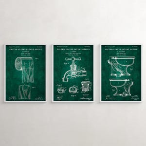 Vintage Toilet Patent Art Prints, Bathroom Restroom Decor, Set of 3 Green