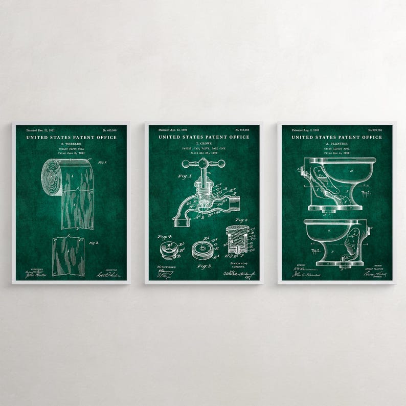 Vintage Toilet Patent Art Prints, Bathroom Restroom Decor, Set of 3 Green