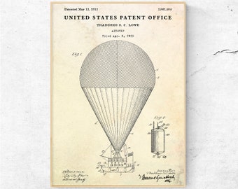 May include: A black and white line drawing of a patent for an airship. The patent is titled "UNITED STATES PATENT OFFICE" and is for "AIRSHIP" by "THADDEUS S. C. LOWE". The patent was filed on April 6, 1910 and patented on May 13, 1913. The patent number is 1,061,484.