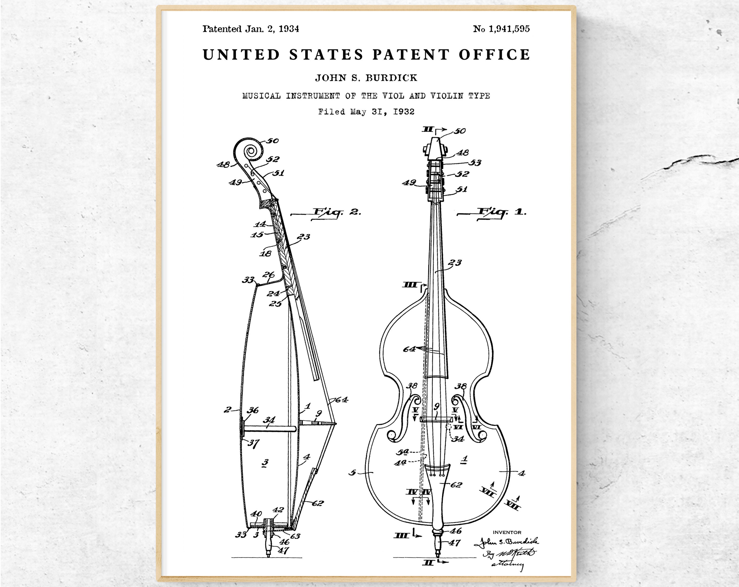 チェロ 1934年特許図面。楽器発明コントラバス設計図ポスター