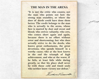 Der Mann in der Arena, Theodore Roosevelt Zitat. Inspirierendes Poster. Motivationsschild Office Wall Art Inspirierendes Geschenk, fertig zum Aufhängen