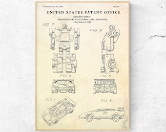Sideswipe Patent Prints, Transformers G1 Autobots Robot Toy Blueprint Wall Art, Kids Boys Room Wall Decor