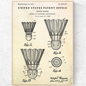 Shuttlecock 1937 Patent Print. Badminton Player Gift, Lawn Games Vintage Wall Art, Blueprint Poster
