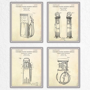 Zapfsäule Patent Wand Kunst, Tankstelle Vintage Dekor, Zapfsäule Erfindungen, Petroleum Geschenk, Petroliana Blueprint Poster, 4er-Set