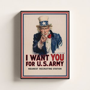 I Want You For US Army Poster, World War 1, Uncle Sam Vintage Wall Art, Military Print, History Buff Gift, Ready to Hang Canvas image 1
