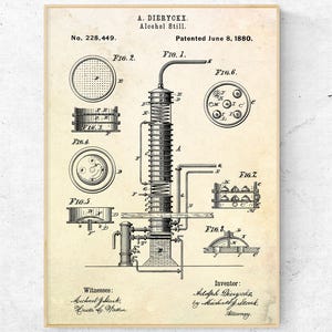 Alcohol Still 1880 patentprint. Whiskycadeau, gedistilleerde uitvinding blauwdruk poster. Moonshine, verbod kunst aan de muur. Vintage distilleerder