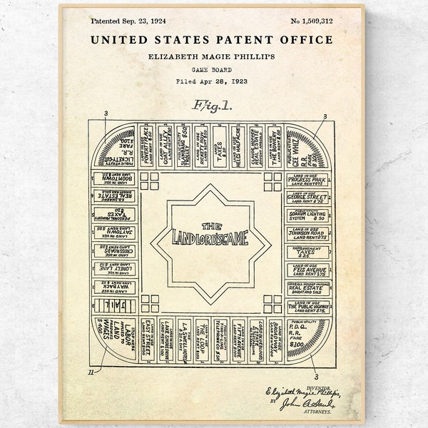 The Landlord's Board Game 1924 Patent Print, Game Night Inventions, Retro Decor, Vintage Wall Art, Blueprint Poster, Gambling Gift