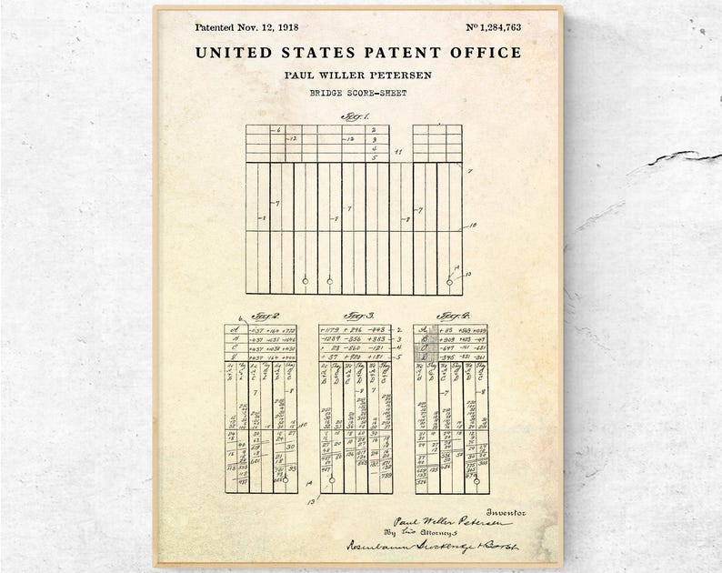 Bridge Game Score Sheet 1918 Patent Print, Card Game Blueprint Poster, Man Cave Vintage Wall Art, Game Night Gift Old paper
