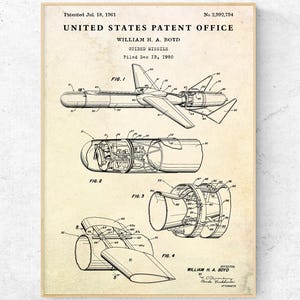 Guided Missile 1961 Patent Print. Rocket Science Invention, Cold War Era Blueprint Poster. ICBM Wall Art. Military Vintage Decor
