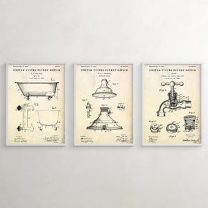 Vintage Bathroom Patent Wall Art, Bathtub, Shower, Faucet Blueprint Poster, Rustic Decor, Set of 3 Prints