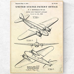 Impresión de patente de avión de 1934. Póster de plano. Regalo para piloto. Decoración de aeronaves. Arte mural de aviación.