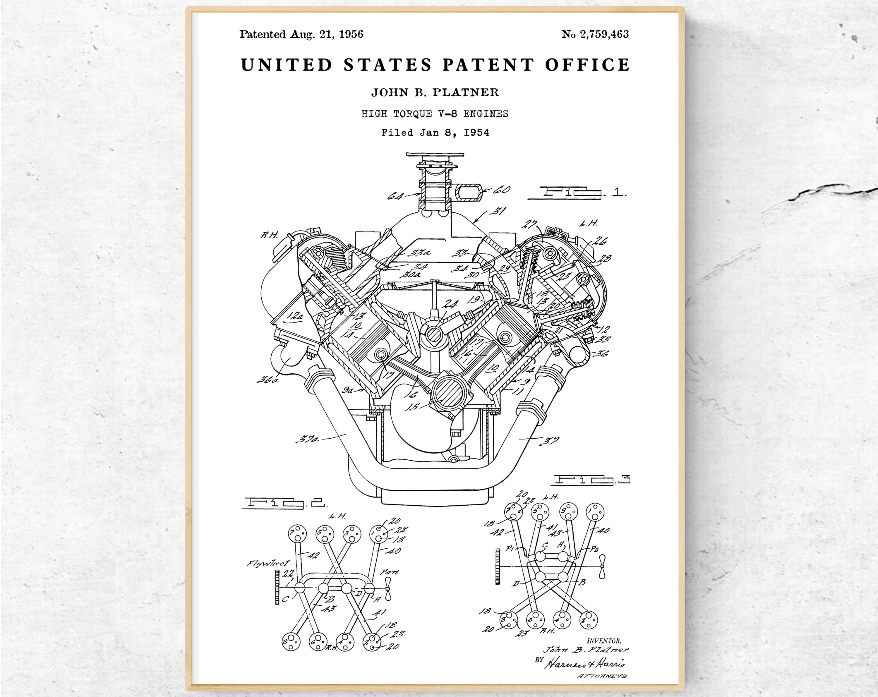 V8 Hemi Engine Patent Print, Automotive Industry Invention