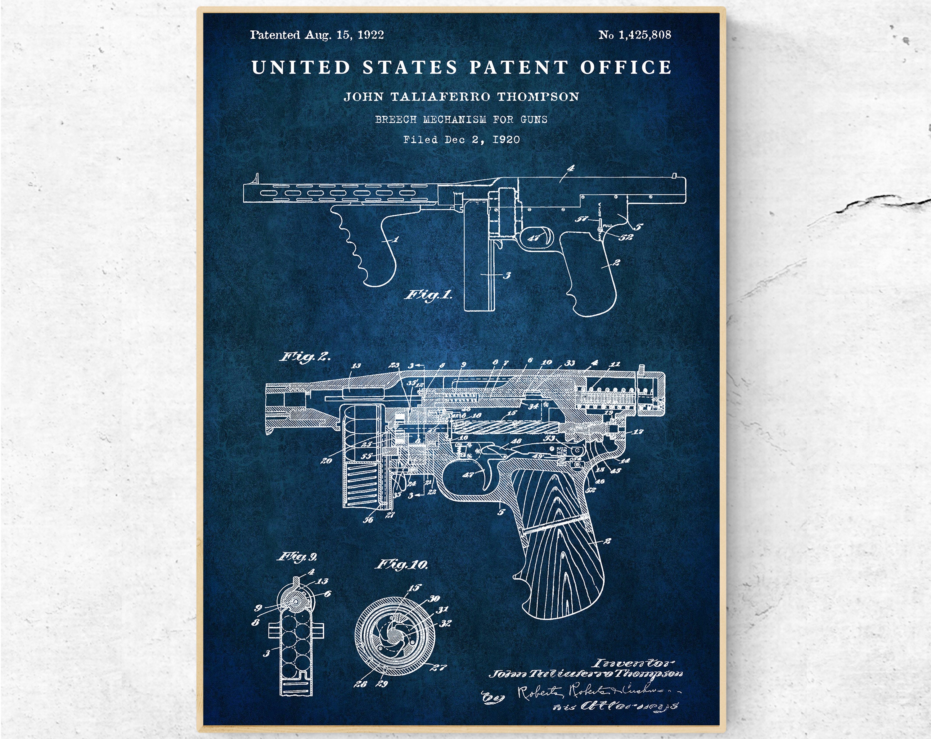 特大　ビンテージ銃器図面アートプリント木製額縁 トンプソン短機関銃 1922年特許図面。銃器発明 トミーガン設計図