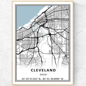 Impression de carte de la ville de Cleveland, art mural de carte moderne, cadeau de voyage de l'Ohio Poster